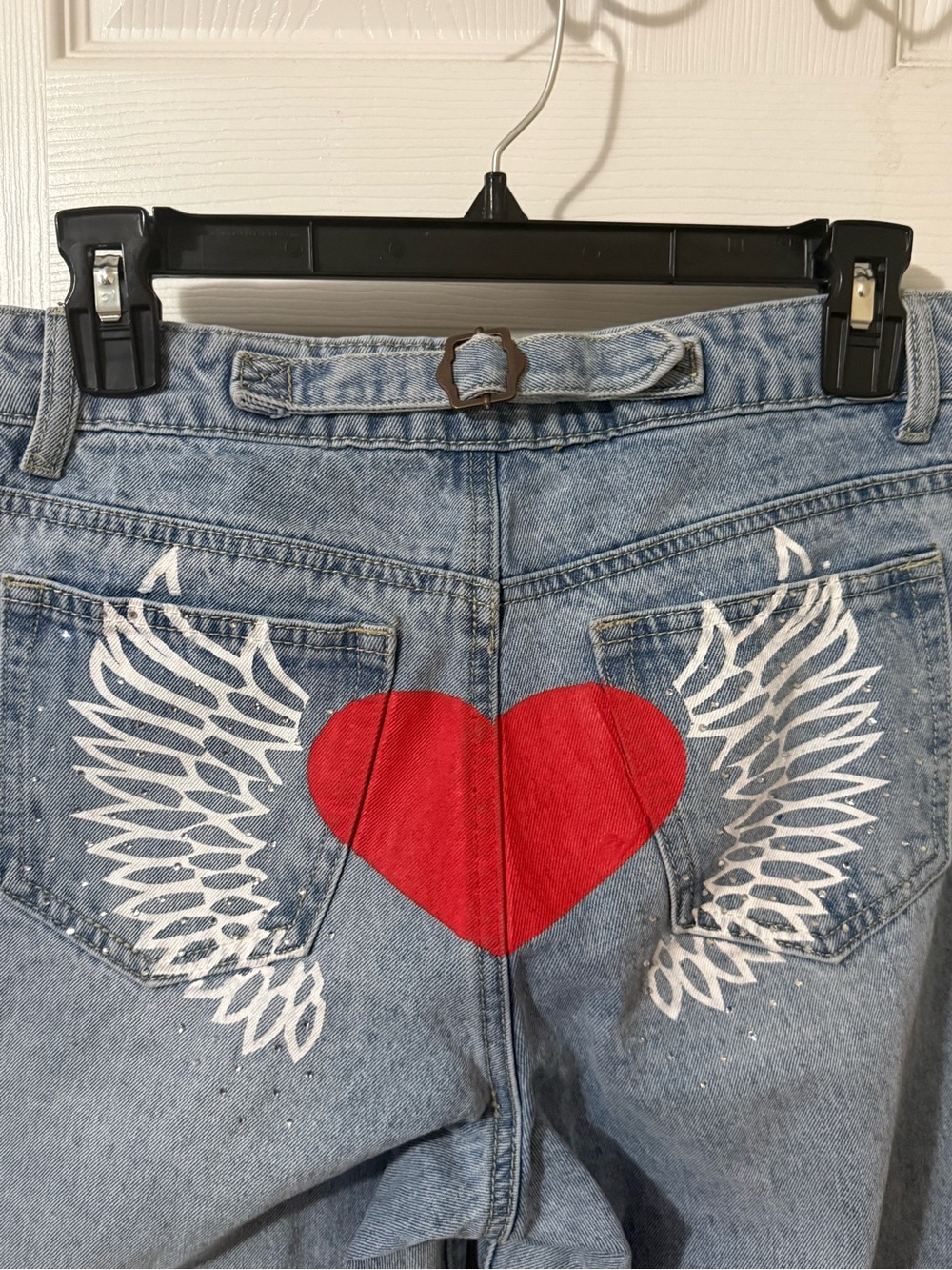 Sky Light Blue High-Rise Jeans with Red Heart & White Wings